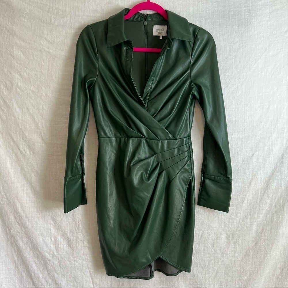 One33 Social Green Faux Leather Mini Shirt Dress Size 2 Faux Wrap Designer NWOT